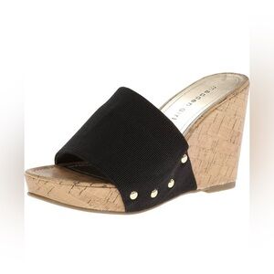 Madden Girl Black & Tan Elastic Cork Wedge Slide Sandals with Gold Studs